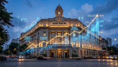 Reserve Bank of India headquarters building with Indian economy data charts overlay