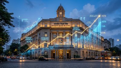 Reserve Bank of India headquarters building with Indian economy data charts overlay