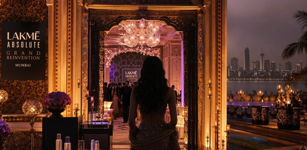 Glamorous beauty brand launch event with haveli-inspired Indian luxury decor in Mumbai