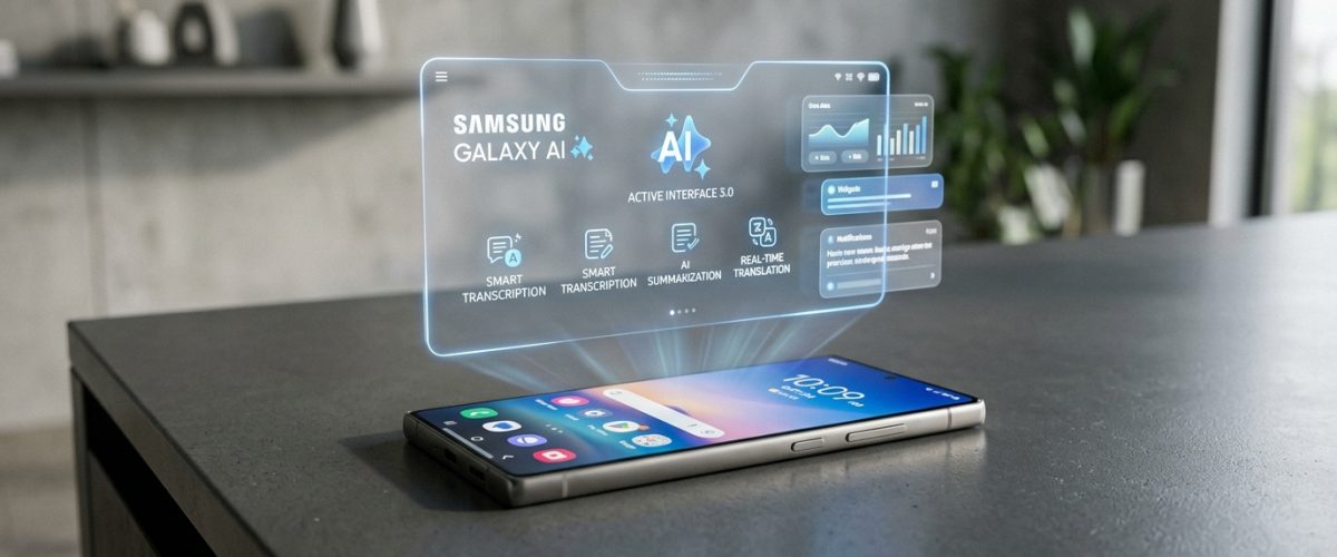 Samsung Galaxy S26 Ultra smartphone with AI interface display