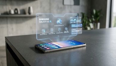 Samsung Galaxy S26 Ultra smartphone with AI interface display