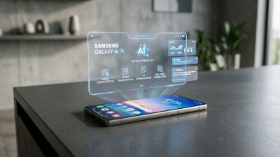 Samsung Galaxy S26 Ultra smartphone with AI interface display