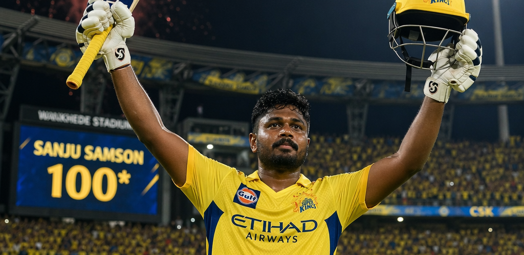 Cricket batter in yellow CSK jersey celebrating century at Wankhede Stadium during IPL match