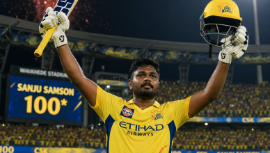 Cricket batter in yellow CSK jersey celebrating century at Wankhede Stadium during IPL match