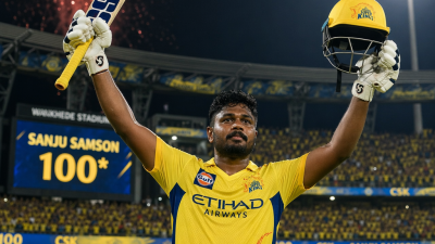 Cricket batter in yellow CSK jersey celebrating century at Wankhede Stadium during IPL match