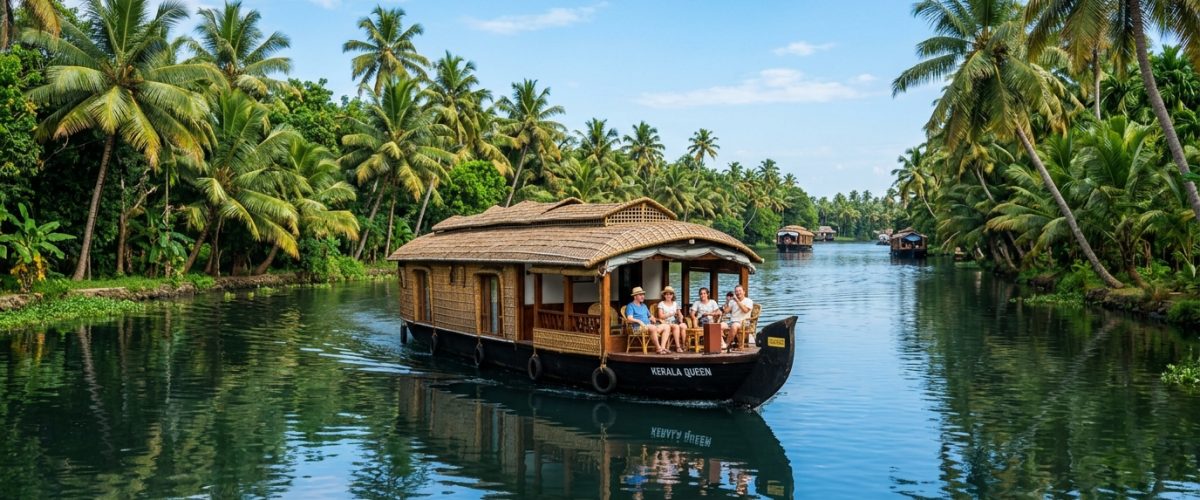 Traditional Kerala houseboat on backwaters surrounded by lush green palm trees