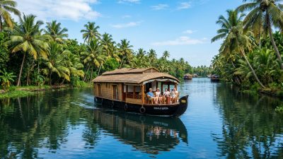 Traditional Kerala houseboat on backwaters surrounded by lush green palm trees