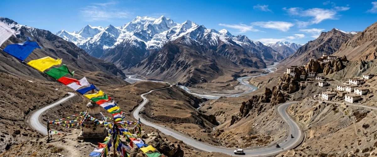 Stunning view of Spiti Valley mountain landscape with clear blue sky and green valley in Indian Himalayas