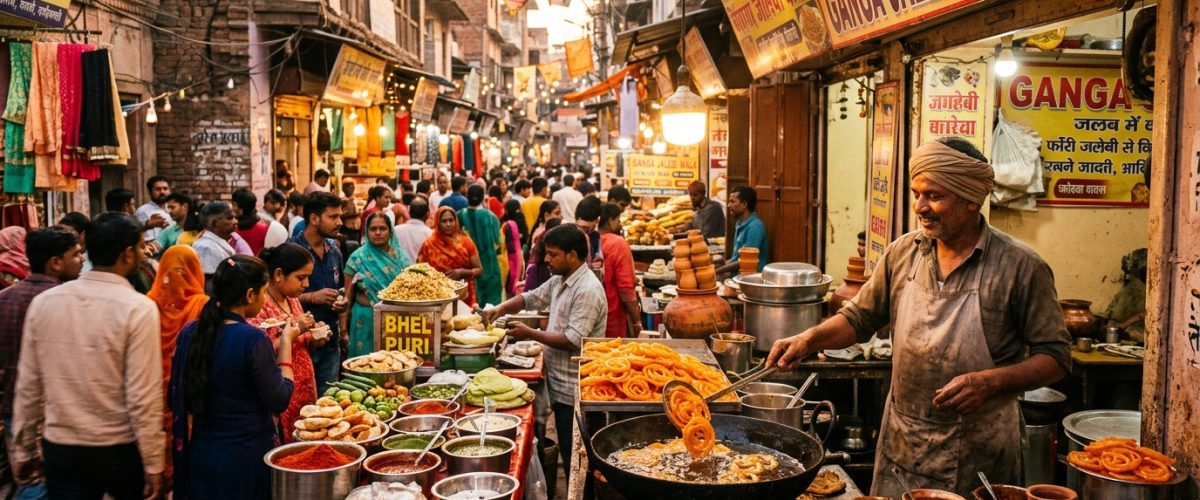 Vibrant Indian street food stall in a heritage bazaar with chaat and jalebi on display