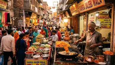 Vibrant Indian street food stall in a heritage bazaar with chaat and jalebi on display