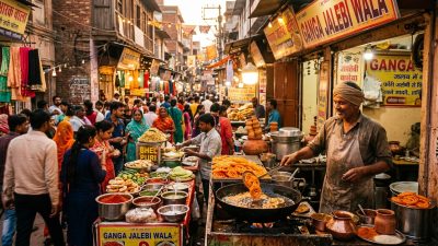 Vibrant Indian street food stall in a heritage bazaar with chaat and jalebi on display
