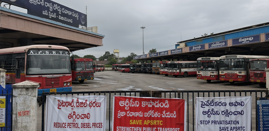 Empty Telangana bus terminal with idle state transport buses and protest banners during RTC strike