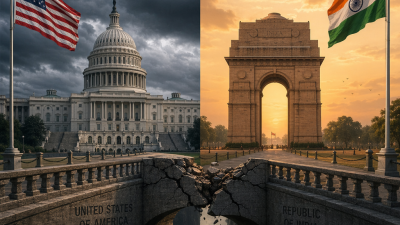 US and India diplomatic tension illustrated with US Capitol and India Gate separated by symbolic crack