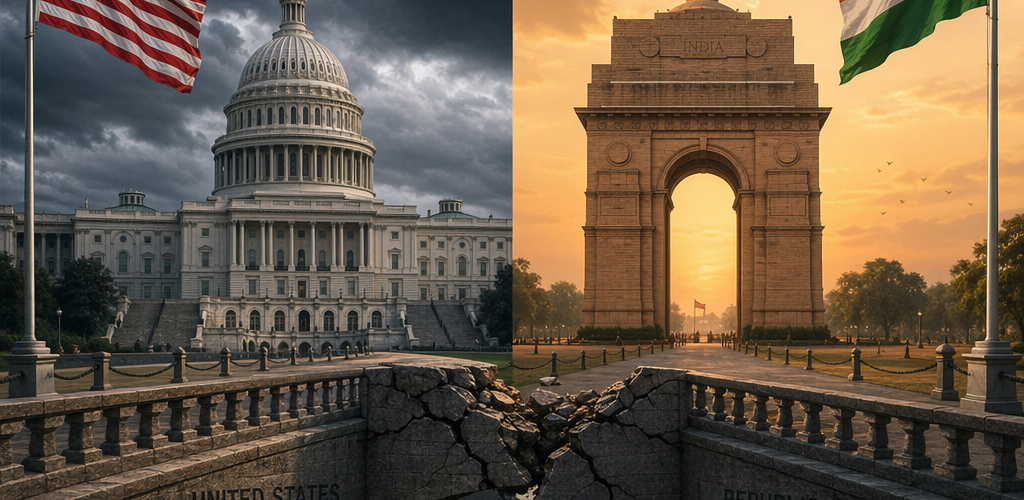 US and India diplomatic tension illustrated with US Capitol and India Gate separated by symbolic crack