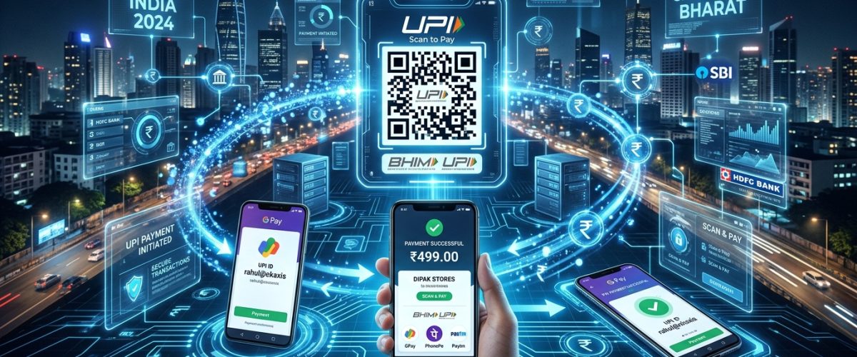 Futuristic digital payments visualization with UPI QR codes and smartphone payment apps