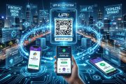 Futuristic digital payments visualization with UPI QR codes and smartphone payment apps