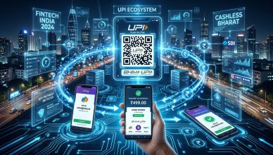 Futuristic digital payments visualization with UPI QR codes and smartphone payment apps