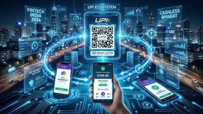 Futuristic digital payments visualization with UPI QR codes and smartphone payment apps