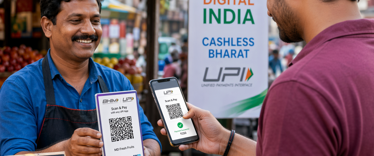 Person scanning UPI QR code at an Indian street market — symbol of India's digital payments revolution