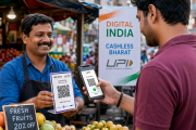 Person scanning UPI QR code at an Indian street market — symbol of India's digital payments revolution