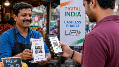 Person scanning UPI QR code at an Indian street market — symbol of India's digital payments revolution