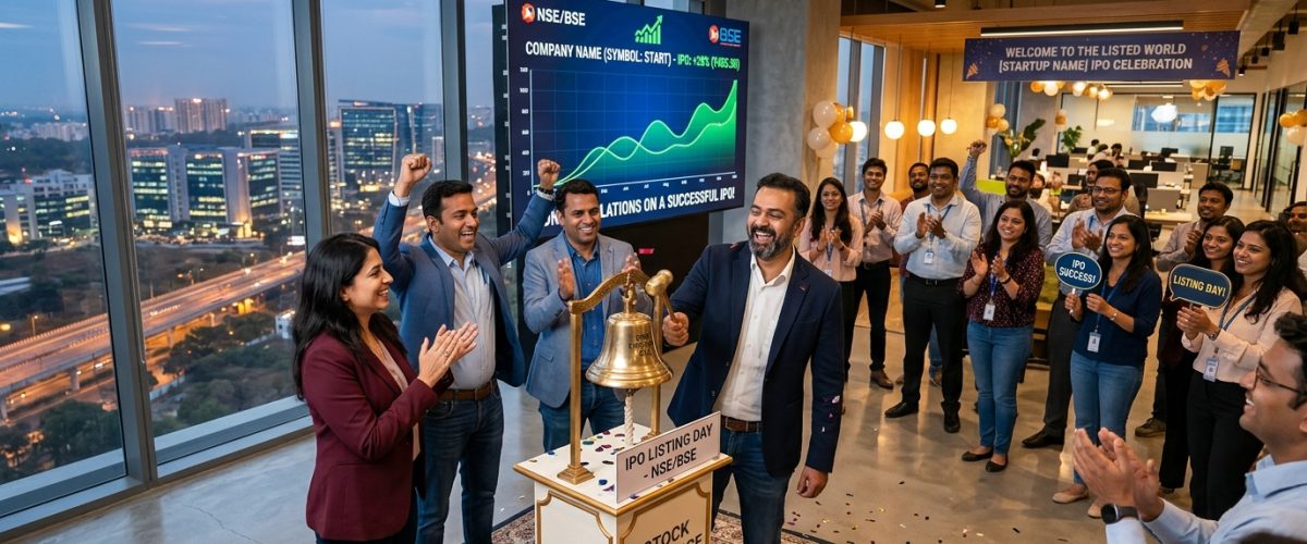 Modern Indian startup office celebrating IPO with stock exchange bell and growth charts