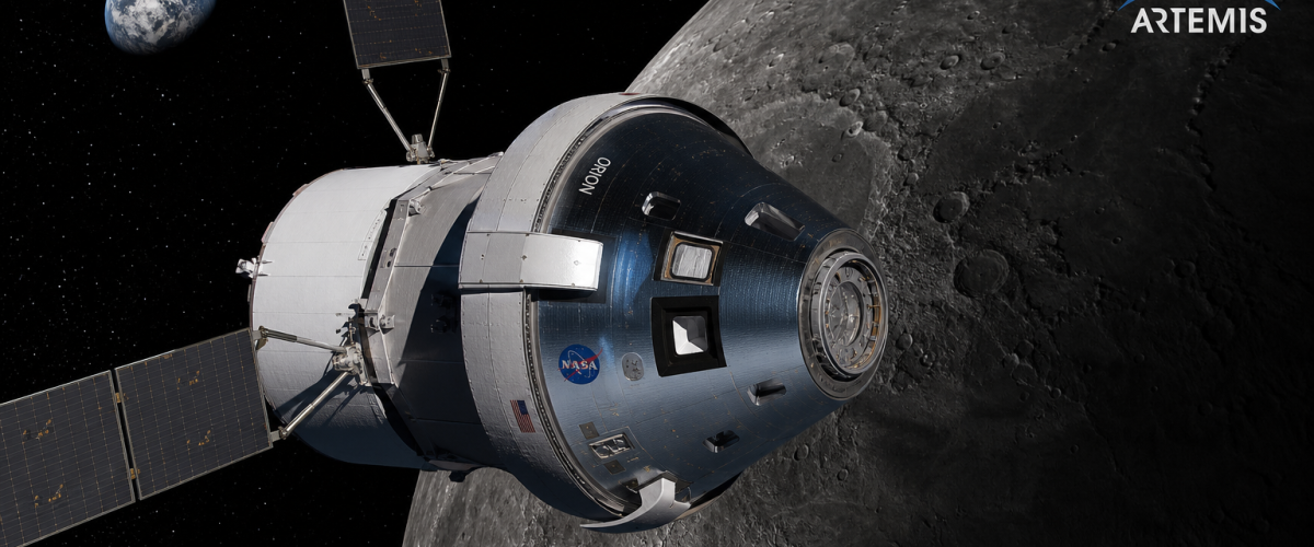 Orion spacecraft orbiting the Moon during NASA Artemis 2 crewed lunar flyby mission