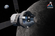 Orion spacecraft orbiting the Moon during NASA Artemis 2 crewed lunar flyby mission