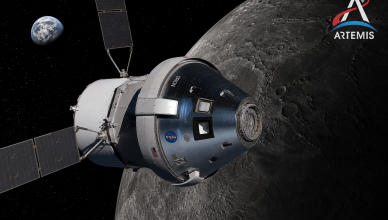 Orion spacecraft orbiting the Moon during NASA Artemis 2 crewed lunar flyby mission