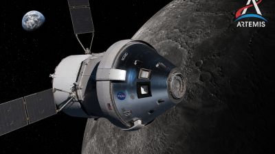Orion spacecraft orbiting the Moon during NASA Artemis 2 crewed lunar flyby mission