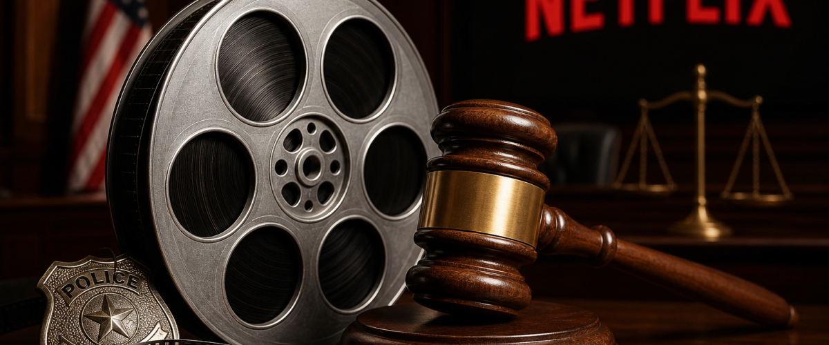 Movie film reel with legal gavel overlaid and Netflix logo showing Hollywood vs law enforcement theme