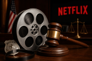 Movie film reel with legal gavel overlaid and Netflix logo showing Hollywood vs law enforcement theme