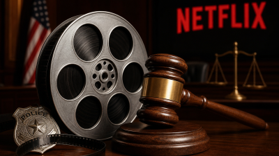 Movie film reel with legal gavel overlaid and Netflix logo showing Hollywood vs law enforcement theme