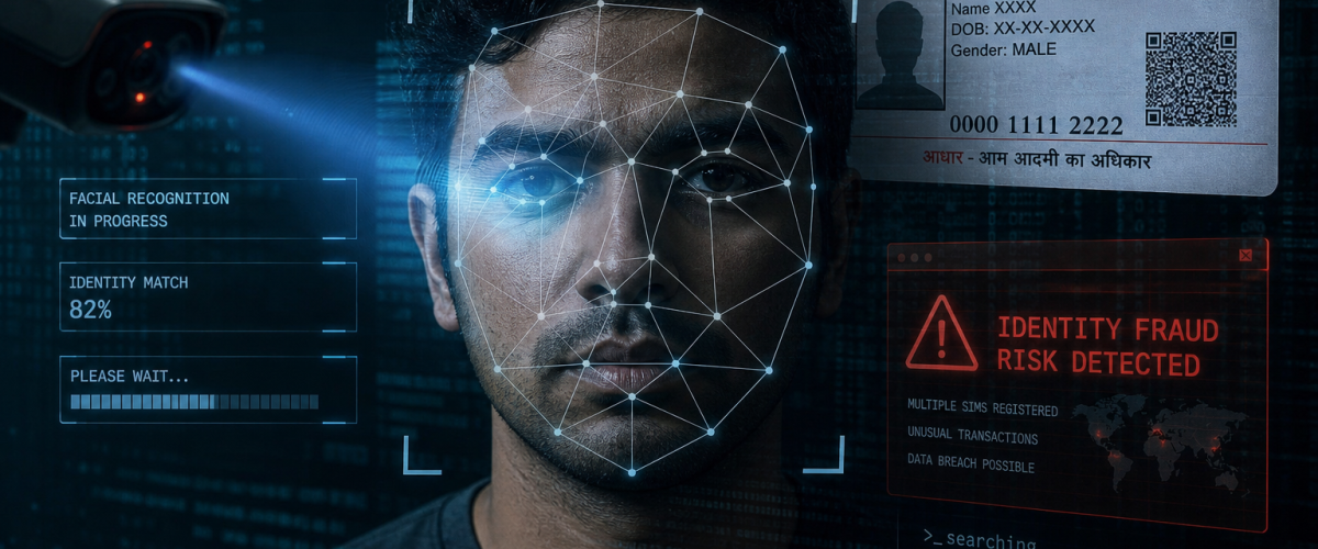 Cybersecurity illustration showing deepfake facial recognition fraud and digital identity