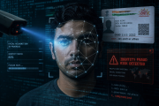 Cybersecurity illustration showing deepfake facial recognition fraud and digital identity
