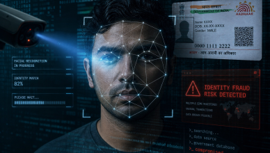 Cybersecurity illustration showing deepfake facial recognition fraud and digital identity