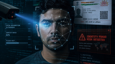 Cybersecurity illustration showing deepfake facial recognition fraud and digital identity