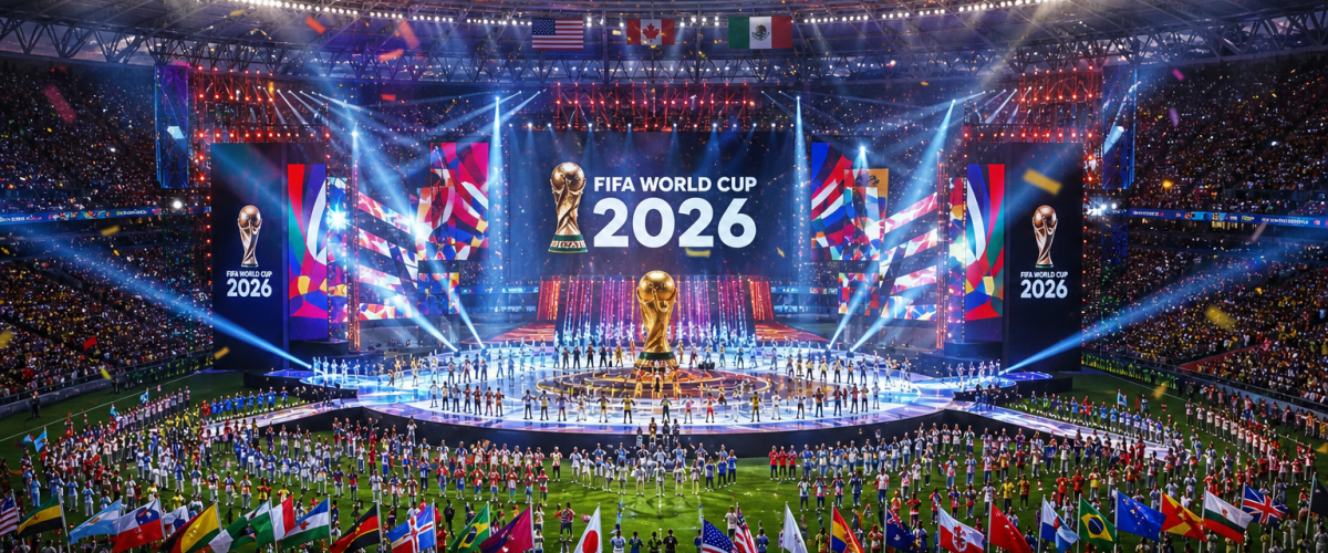 FIFA World Cup 2026 opening ceremony stage at stadium with colorful lights, music performance setup and international flags