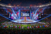 FIFA World Cup 2026 opening ceremony stage at stadium with colorful lights, music performance setup and international flags