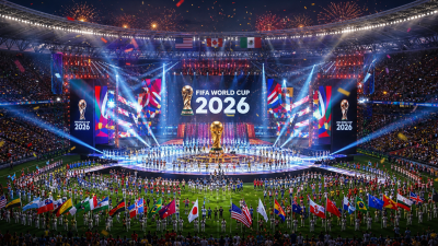 FIFA World Cup 2026 opening ceremony stage at stadium with colorful lights, music performance setup and international flags