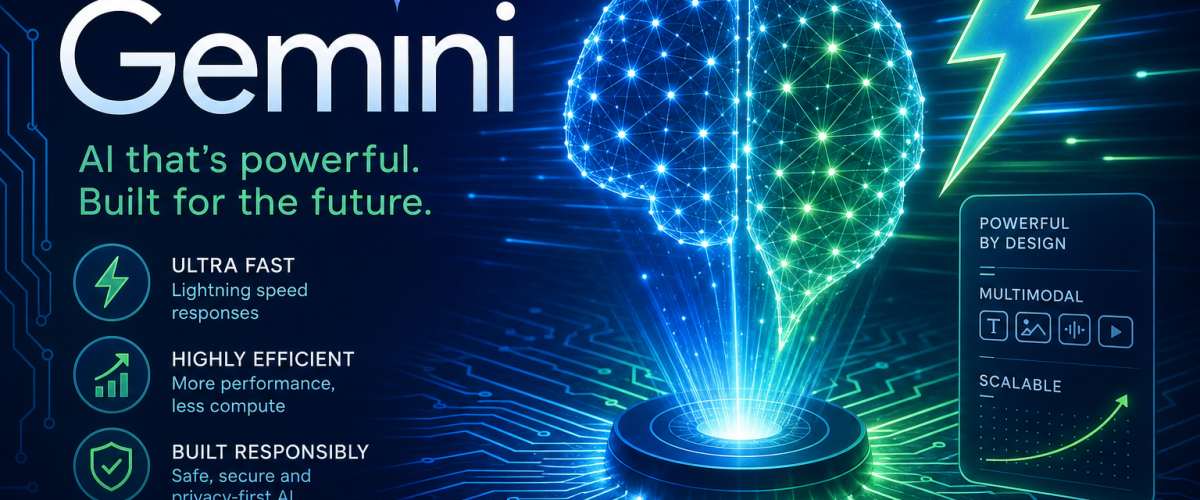 Google Gemini AI model illustration with neural network and efficiency symbols