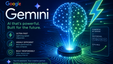 Google Gemini AI model illustration with neural network and efficiency symbols