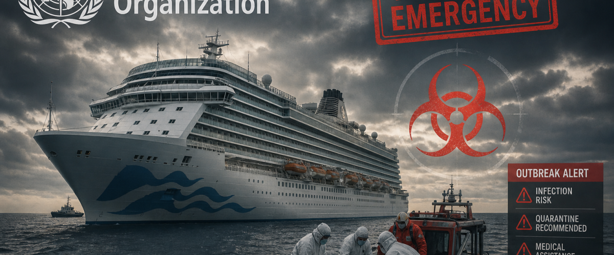 MV Hondius cruise ship at sea with WHO hantavirus outbreak warning symbols and medical emergency response