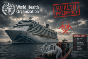 MV Hondius cruise ship at sea with WHO hantavirus outbreak warning symbols and medical emergency response