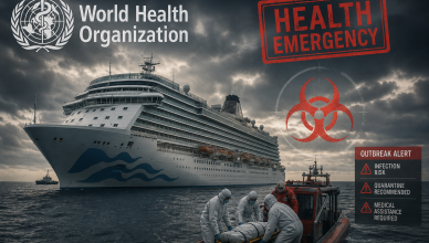 MV Hondius cruise ship at sea with WHO hantavirus outbreak warning symbols and medical emergency response