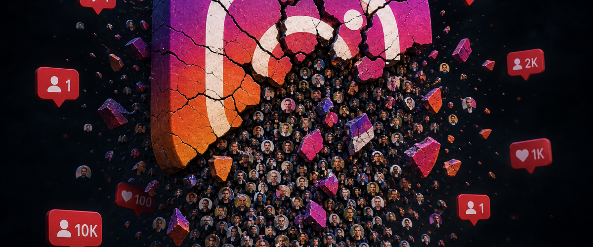 Instagram Great Purge illustration showing millions of followers vanishing from celebrity accounts