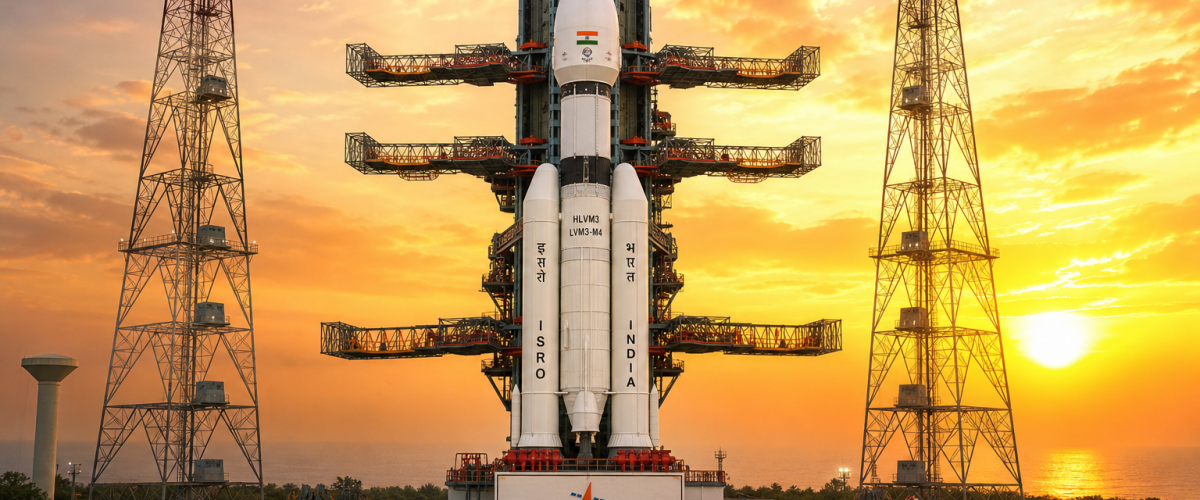 ISRO HLVM3 rocket on launch pad at Sriharikota for Gaganyaan uncrewed mission 2026