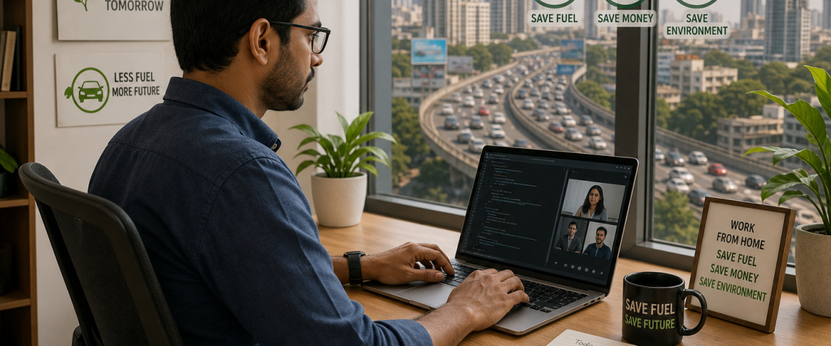 Indian IT professional working from home on laptop with city skyline and traffic visible through window