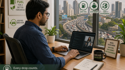Indian IT professional working from home on laptop with city skyline and traffic visible through window