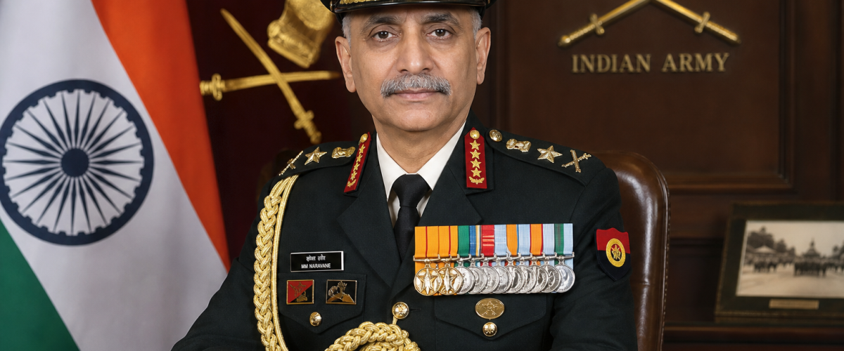 Indian military leadership appointment with officer in full dress uniform and national flag